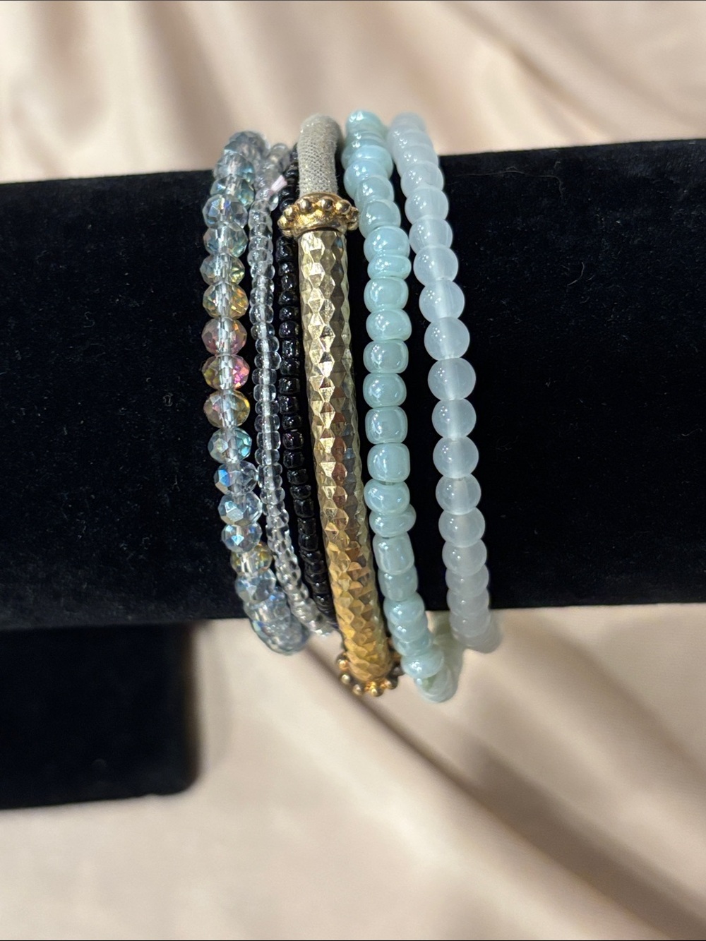 Light Blue Beaded Stack with Gold Accent Bracelet Set